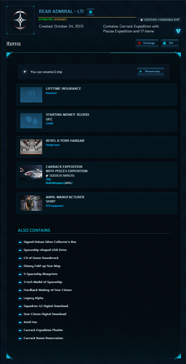 Rear Admiral (Signed Physical Collectors Edition) + Carrack Expedition with C8X Upgrade - LTI