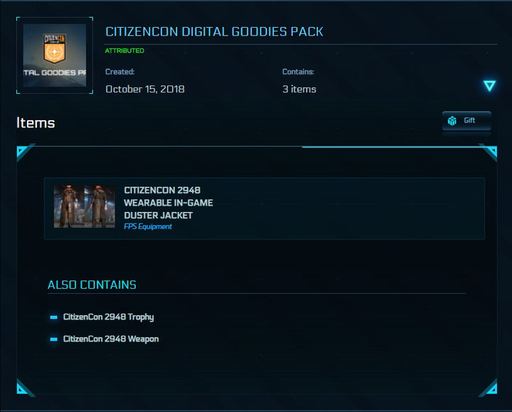 CitizenCon Goodies Pack is an exclusive and rare bundle of items that was available for purchase during 2018 CitizenCon. It includes following items:   Citizencon 2948 Wearable In-game Duster Jacket CitizenCon 2948 Trophy CitizenCon 2948 Knife