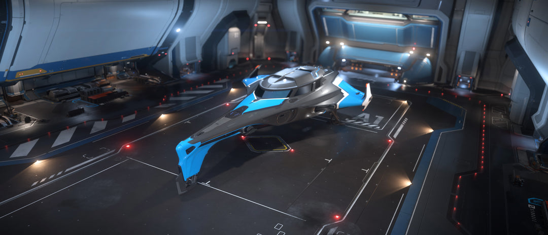 This custom 400i paint scheme was created to celebrate the IAE on microTech. It blends dark grey and electric blue to give the ship a cool new look.