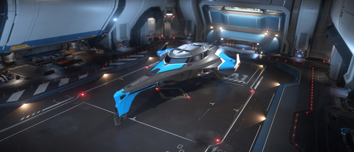 This custom 400i paint scheme was created to celebrate the IAE on microTech. It blends dark grey and electric blue to give the ship a cool new look.