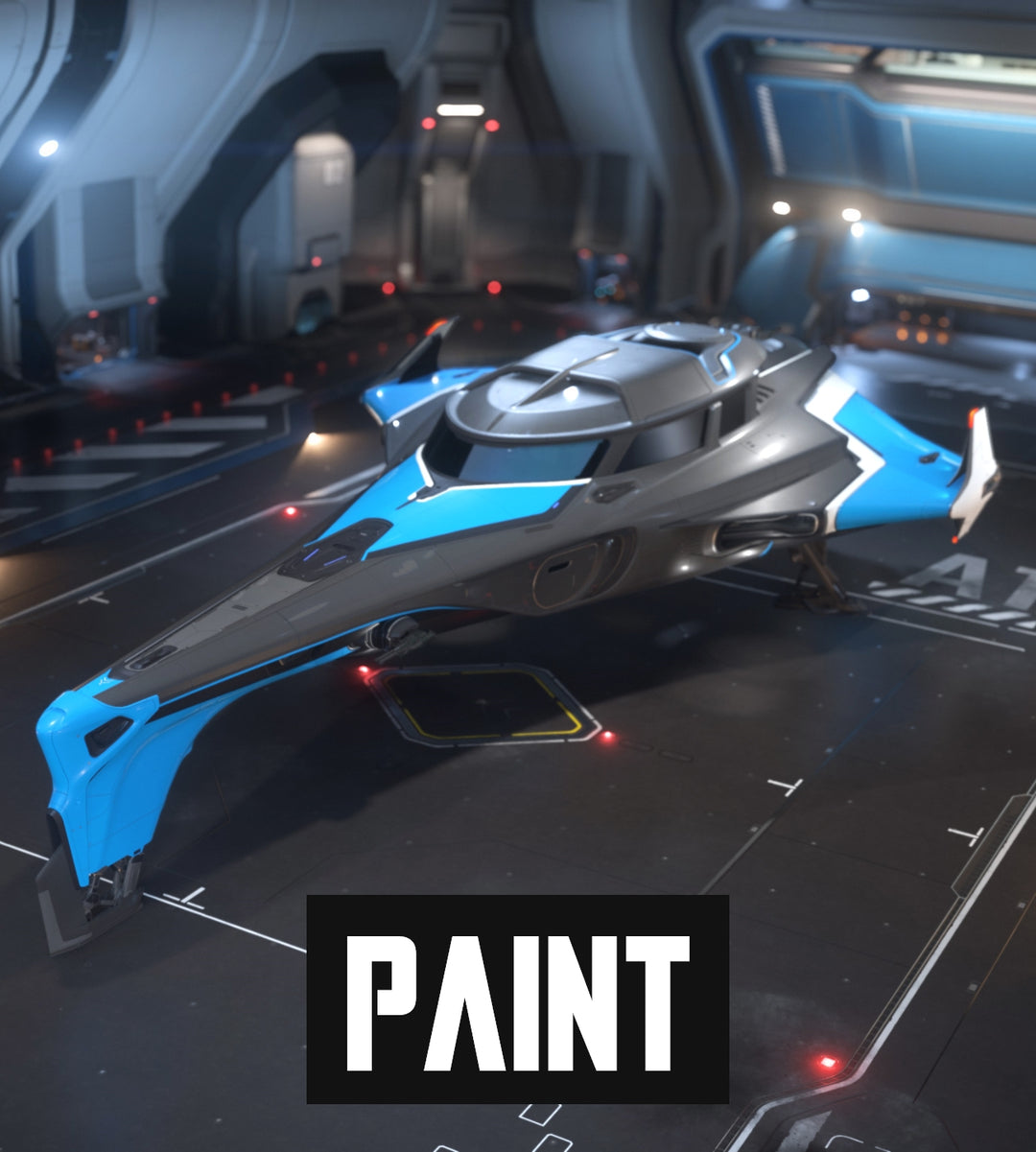 This custom 400i paint scheme was created to celebrate the IAE on microTech. It blends dark grey and electric blue to give the ship a cool new look.