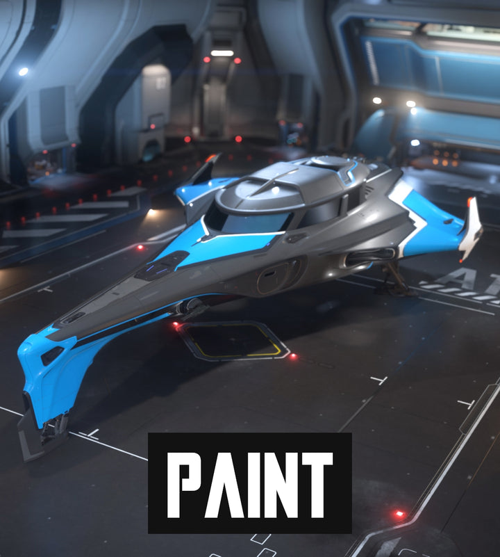 This custom 400i paint scheme was created to celebrate the IAE on microTech. It blends dark grey and electric blue to give the ship a cool new look.