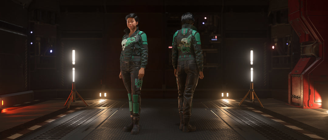The Vaporwear Creese is an ocan jacket featuring an old-Earth collar and tags around the shoulders. Armored shoulder accents and ventilated sleeves provide protection without restricting movement, allowing the jacket to be worn casually or piloting an open canopy vehicle. The special Toxic Fog edition is black with poison gas green accents and skull on the front and back.