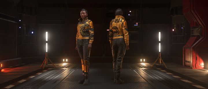 The Vaporwear Creese is an ocan jacket featuring an old-Earth collar and tags around the shoulders. Armored shoulder accents and ventilated sleeves provide protection without restricting movement, allowing the jacket to be worn casually or piloting an open canopy vehicle. The special Copperhead edition features a snake enwrapping the front, back, and left arm of the jacket.