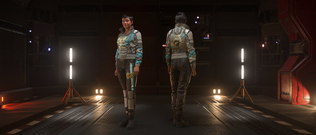 The Vaporwear Creese is an ocan jacket featuring an old-Earth collar and tags around the shoulders. Armored shoulder accents and ventilated sleeves provide protection without restricting movement, allowing the jacket to be worn casually or piloting an open canopy vehicle. The special Skullsnap edition is a slick silver with geometric stylings and a screaming skull on the back.