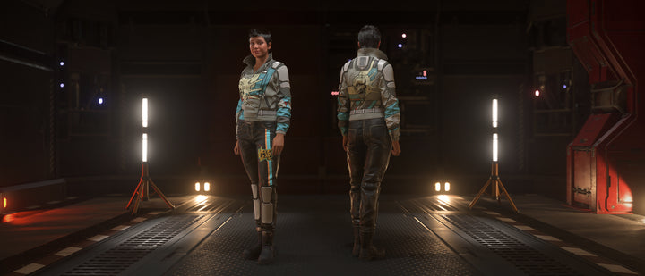 The Vaporwear Creese is an ocan jacket featuring an old-Earth collar and tags around the shoulders. Armored shoulder accents and ventilated sleeves provide protection without restricting movement, allowing the jacket to be worn casually or piloting an open canopy vehicle. The special Skullsnap edition is a slick silver with geometric stylings and a screaming skull on the back.