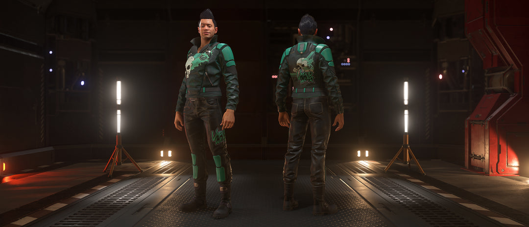The Vaporwear Creese is an ocan jacket featuring an old-Earth collar and tags around the shoulders. Armored shoulder accents and ventilated sleeves provide protection without restricting movement, allowing the jacket to be worn casually or piloting an open canopy vehicle. The special Toxic Fog edition is black with poison gas green accents and skull on the front and back.