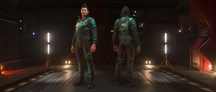 The Vaporwear Creese is an ocan jacket featuring an old-Earth collar and tags around the shoulders. Armored shoulder accents and ventilated sleeves provide protection without restricting movement, allowing the jacket to be worn casually or piloting an open canopy vehicle. The special Toxic Fog edition is black with poison gas green accents and skull on the front and back.