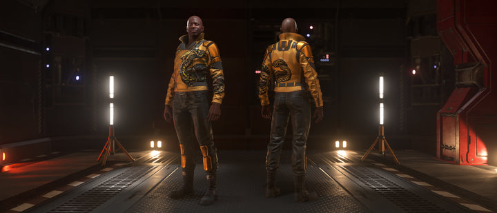 The Vaporwear Creese is an ocan jacket featuring an old-Earth collar and tags around the shoulders. Armored shoulder accents and ventilated sleeves provide protection without restricting movement, allowing the jacket to be worn casually or piloting an open canopy vehicle. The special Copperhead edition features a snake enwrapping the front, back, and left arm of the jacket.