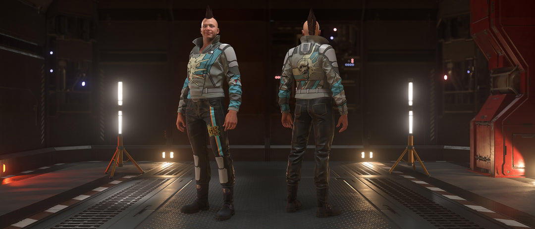 The Vaporwear Creese is an ocan jacket featuring an old-Earth collar and tags around the shoulders. Armored shoulder accents and ventilated sleeves provide protection without restricting movement, allowing the jacket to be worn casually or piloting an open canopy vehicle. The special Skullsnap edition is a slick silver with geometric stylings and a screaming skull on the back.