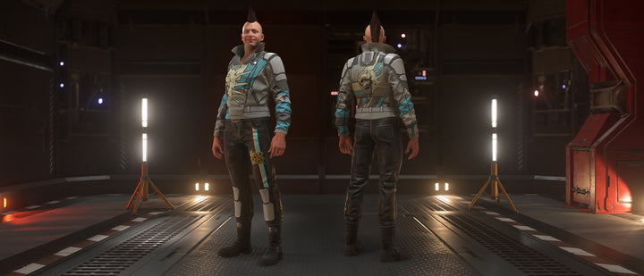 The Vaporwear Creese is an ocan jacket featuring an old-Earth collar and tags around the shoulders. Armored shoulder accents and ventilated sleeves provide protection without restricting movement, allowing the jacket to be worn casually or piloting an open canopy vehicle. The special Skullsnap edition is a slick silver with geometric stylings and a screaming skull on the back.