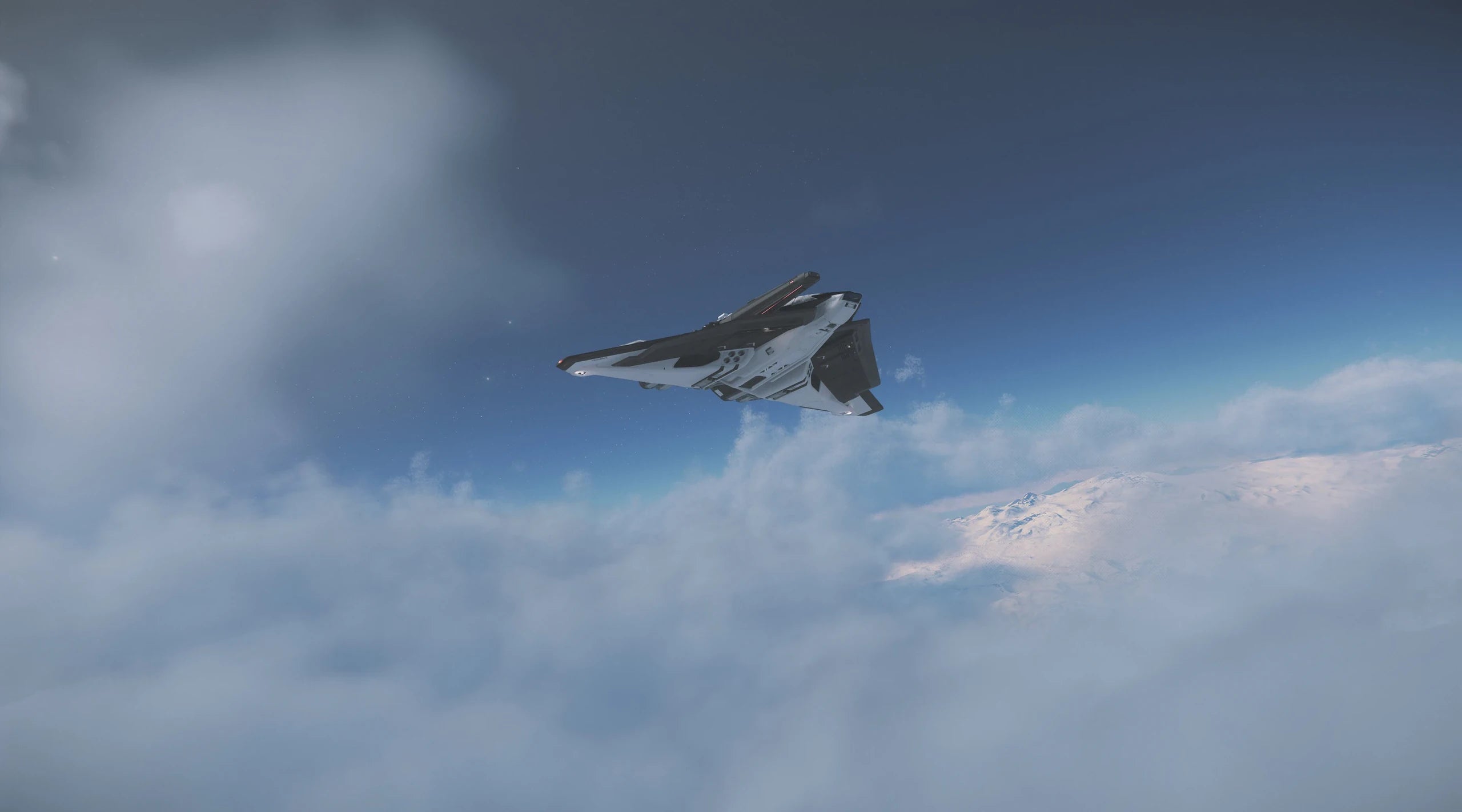 Crusader Industries Ares Ion flying through clouds on microTech .