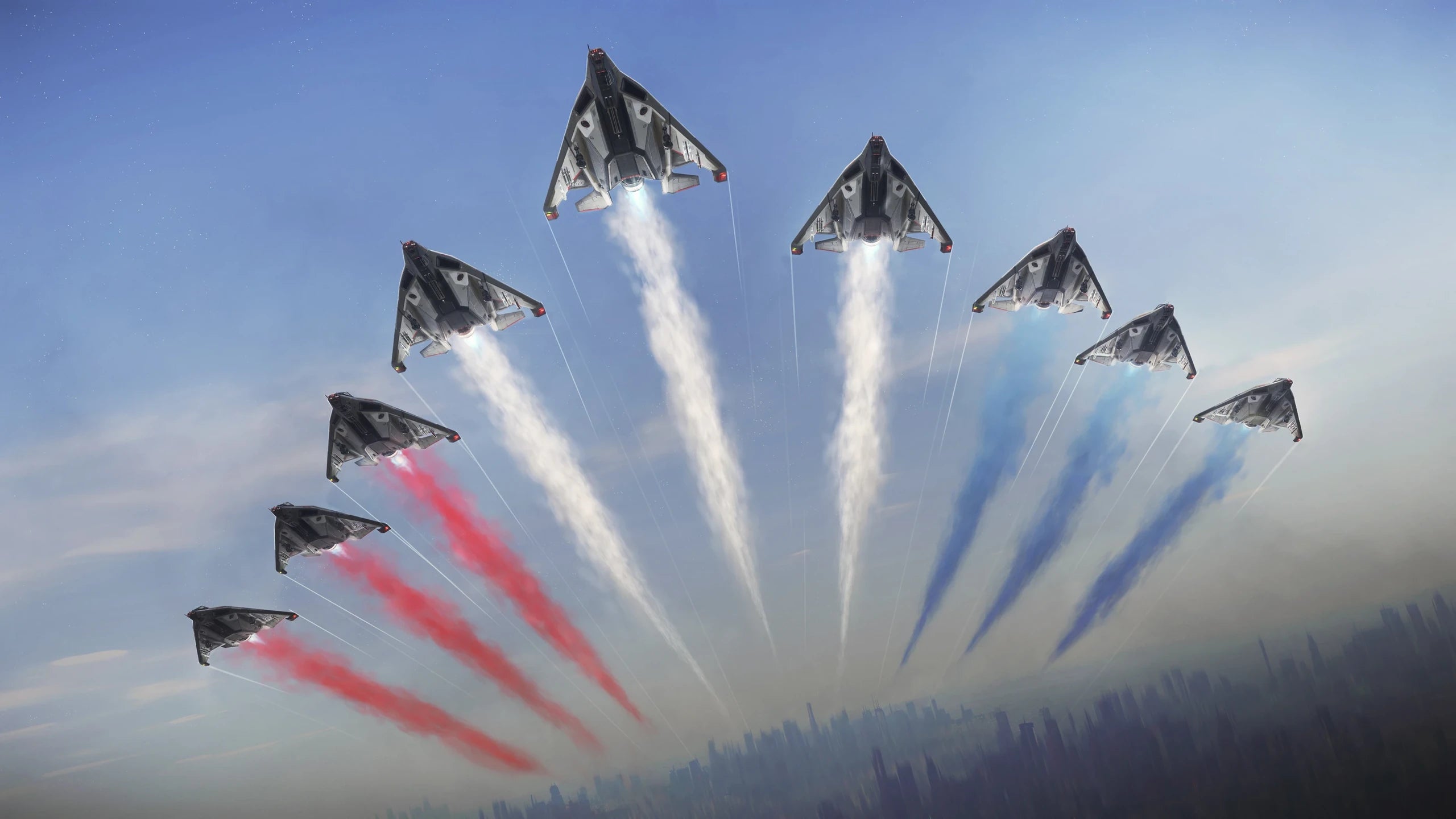 Imperator's Day promotional picture. Anvil Arrow's flying with red, white, and blue, smoke trails.