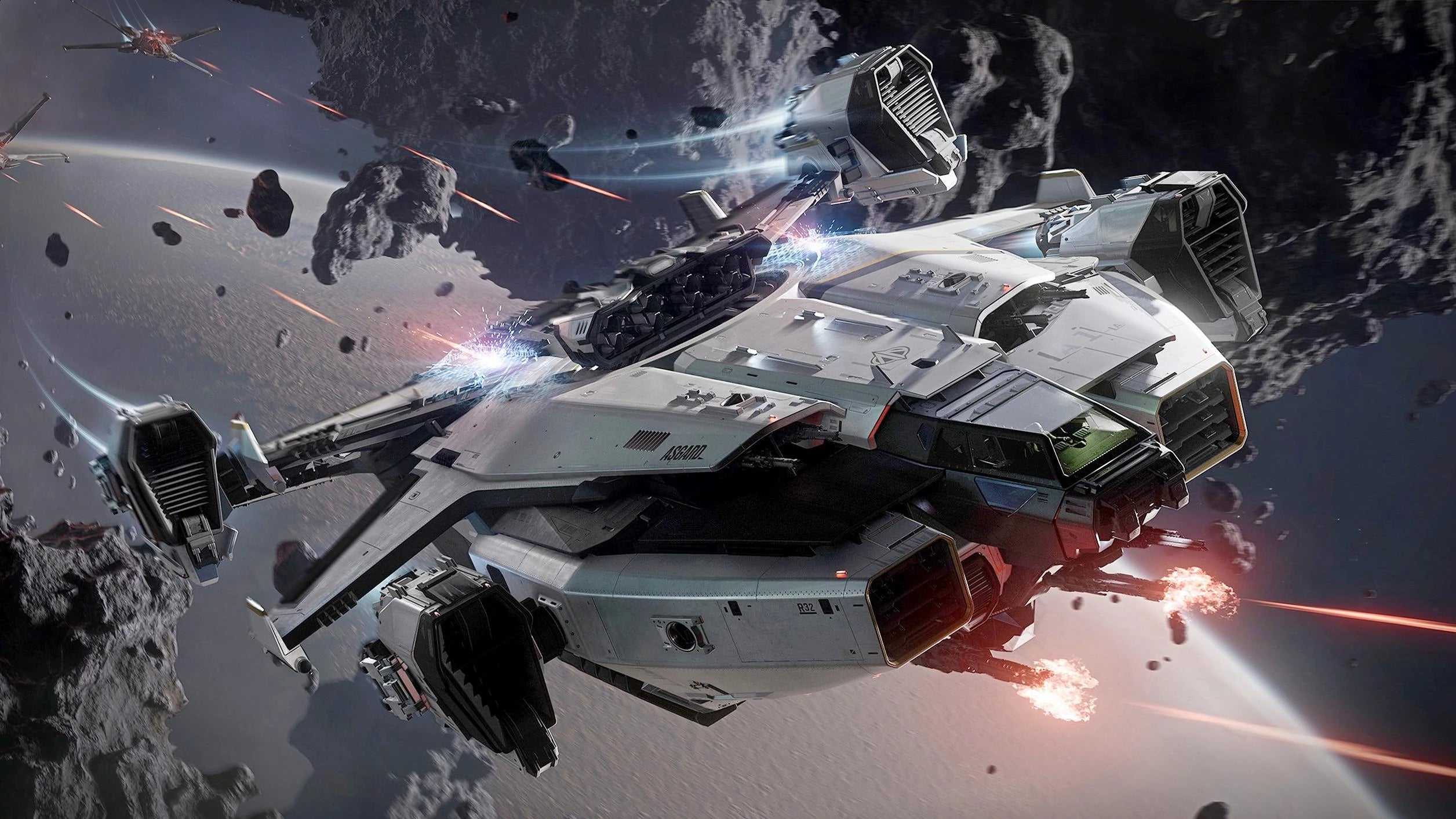 Asgard flying through debris shooting back at ships