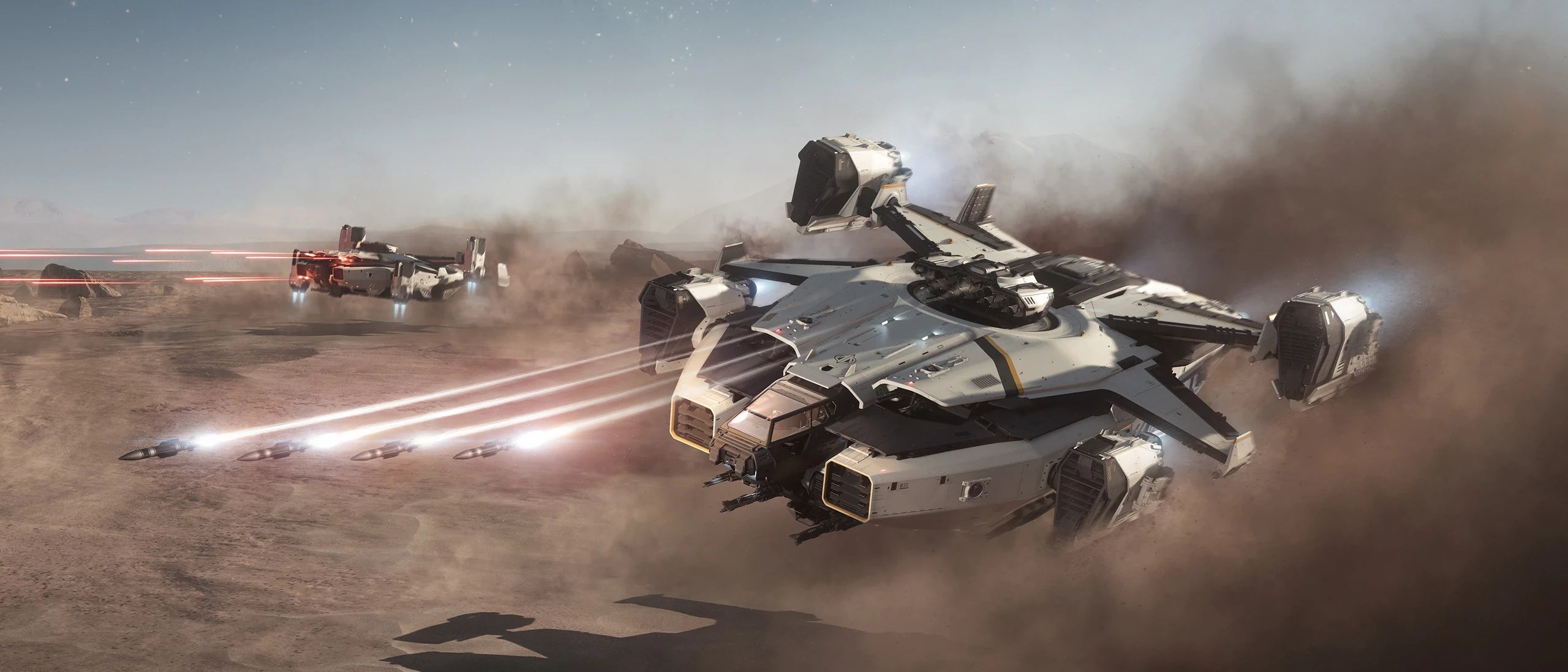 Asgard x2 flying over desert world firing weapons
