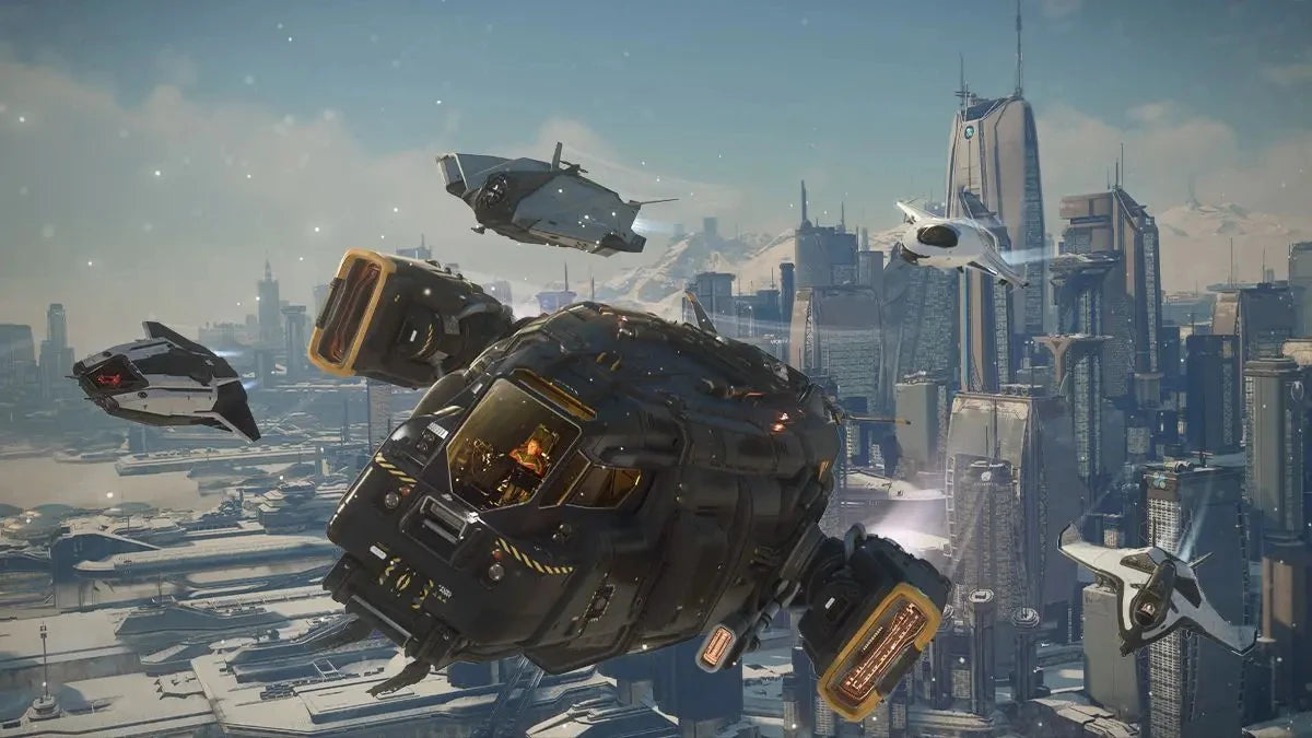Avenger Titan - A fleet of starter ships flying above New Babbage .