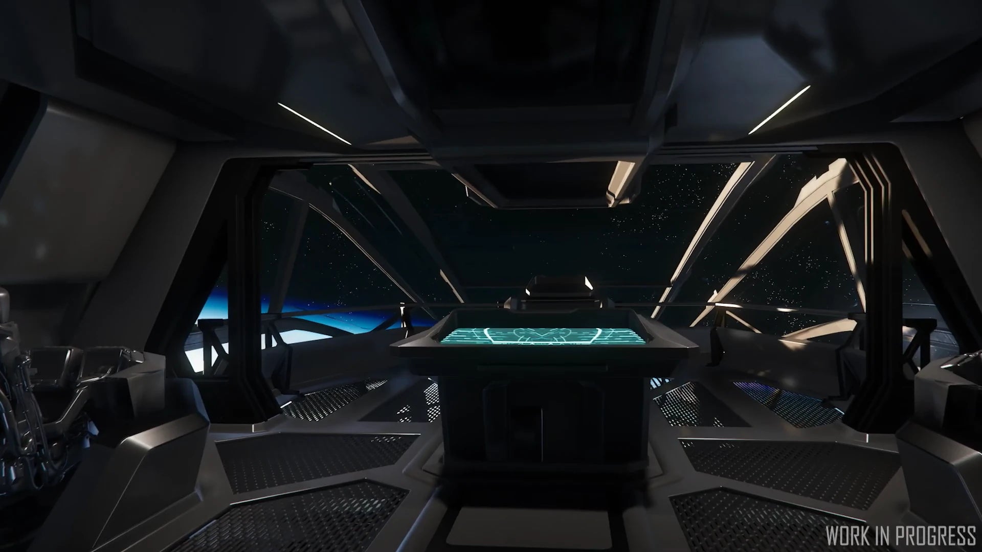 Greybox render of the mapping table on the bridge of the Carrack .