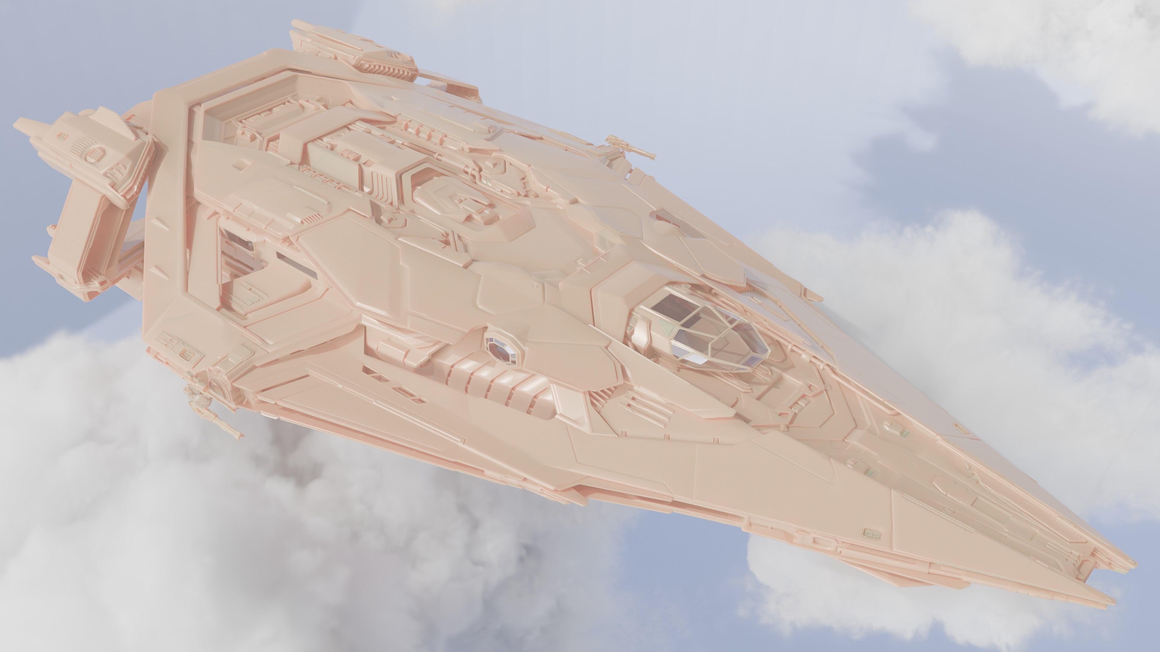 Updated Galaxy clay render in a cloud scene, front-quarter view