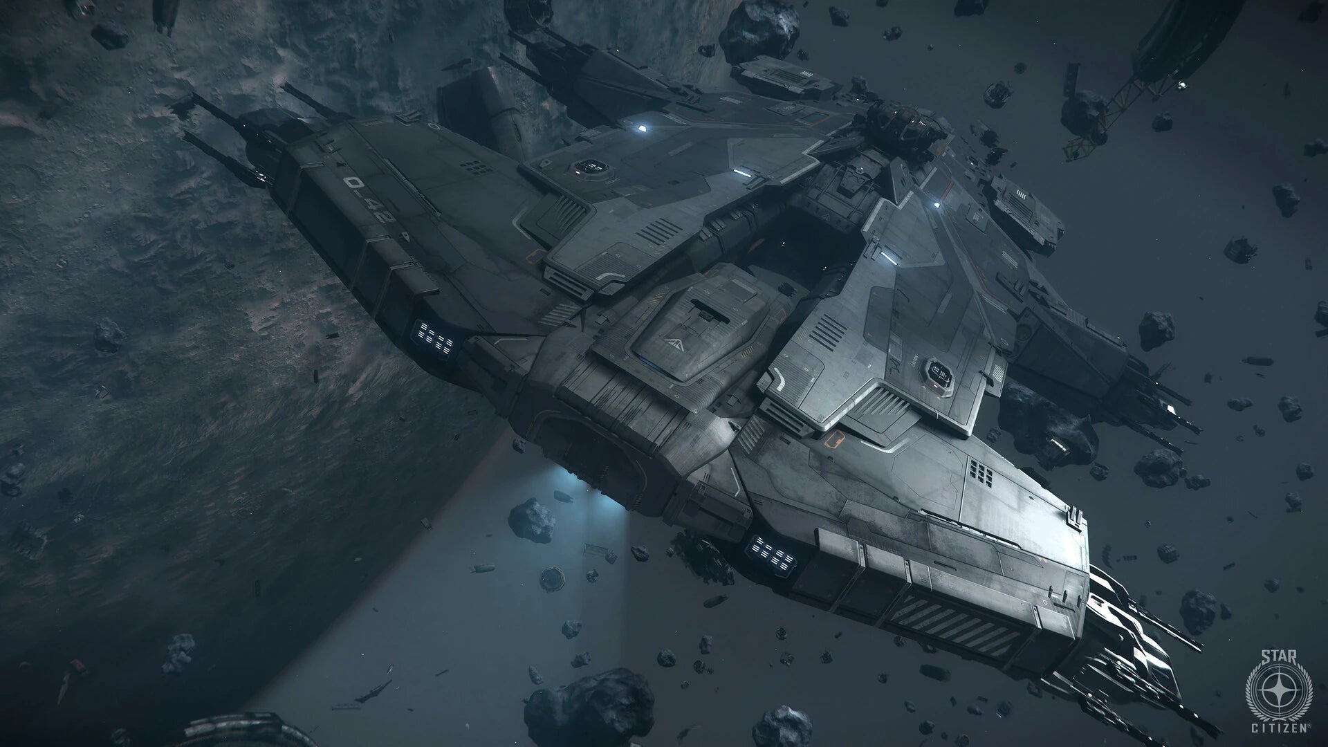 Hammerhead - Flying through debris field over world - Front Above
