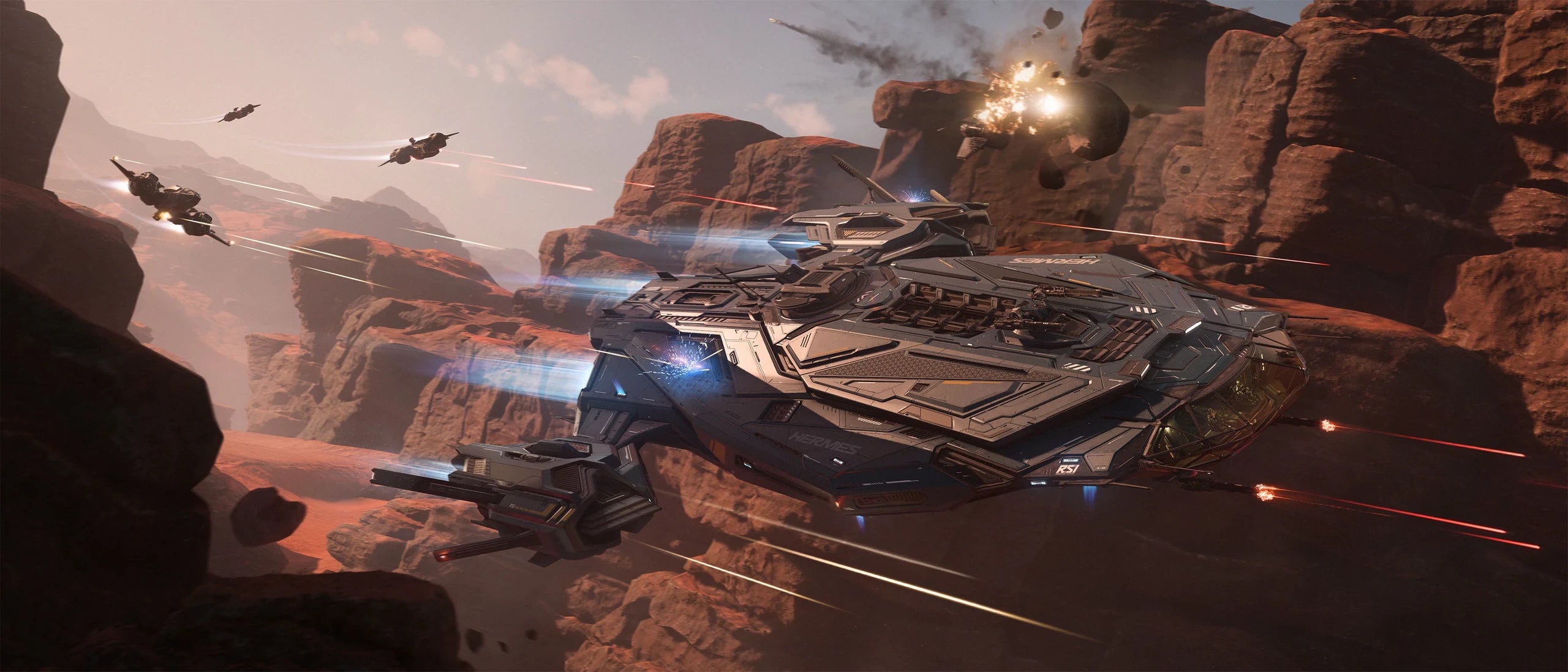Hermes flying through canyon while being attacked by Buccaneers