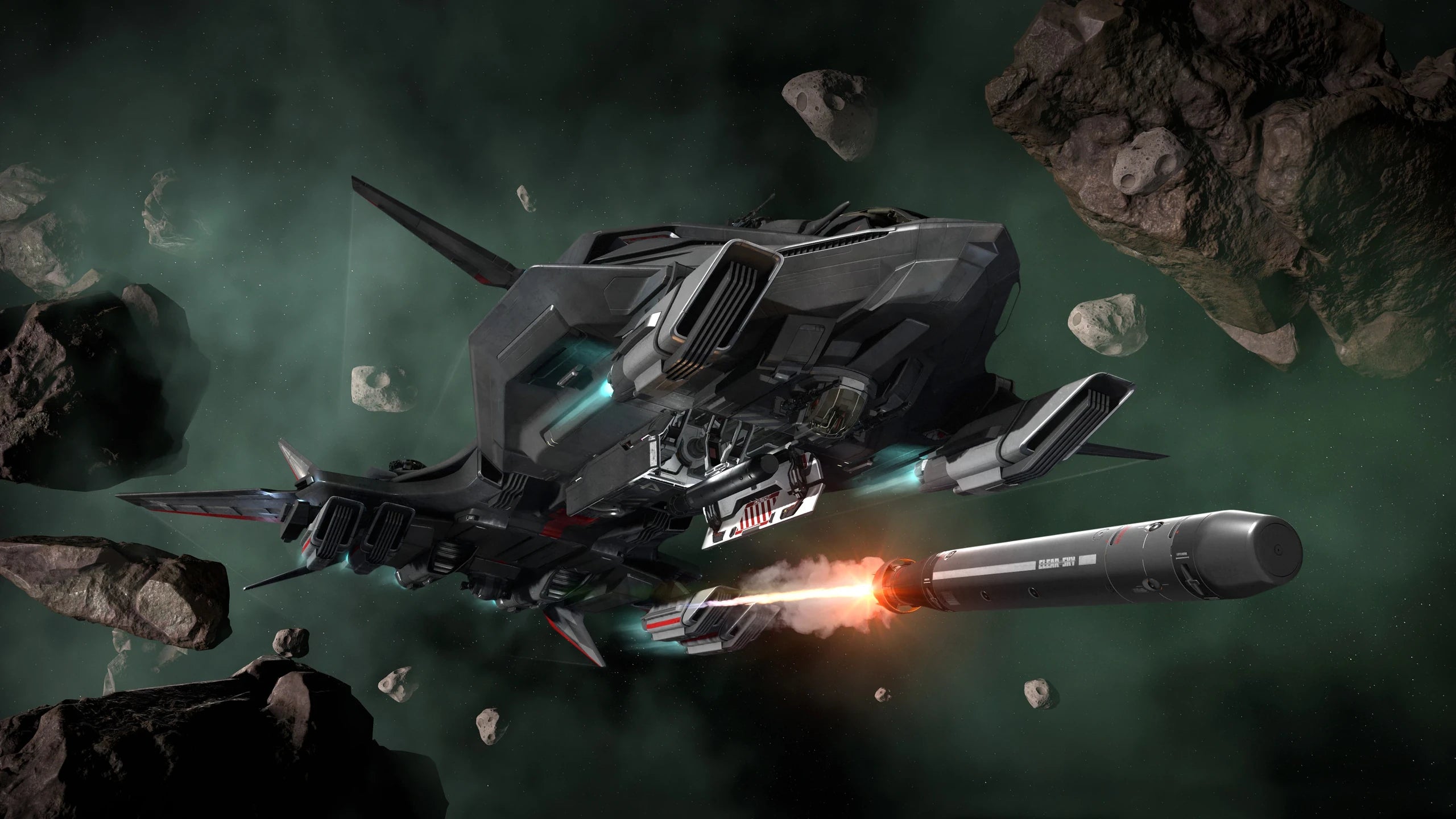 Retaliator flying through gasseous asteroid field firing torpedo