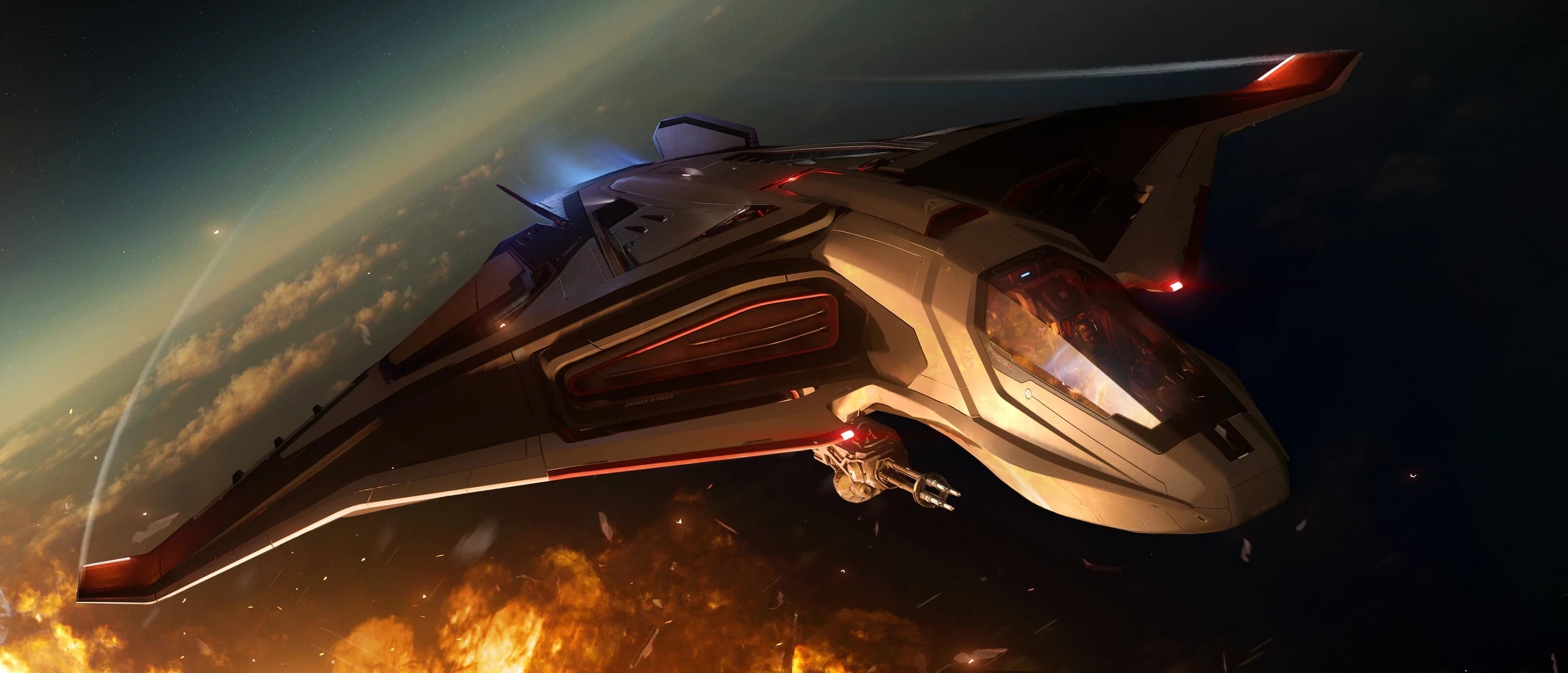 Sabre Firebird flying over explosion on world
