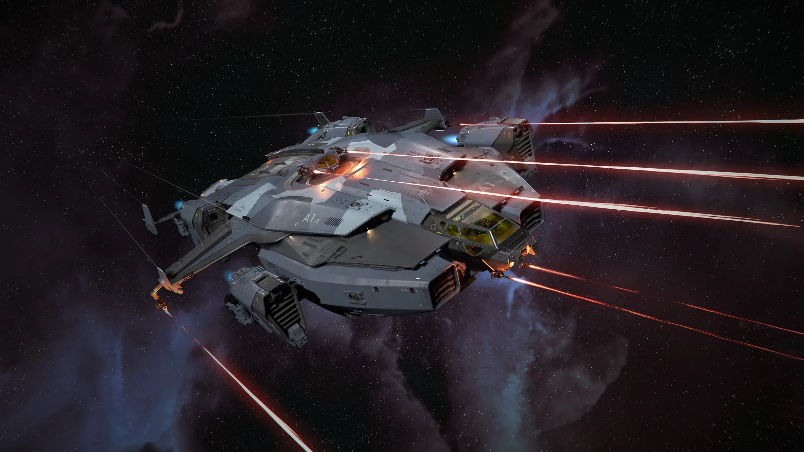Valkyrie flying in space firing all guns