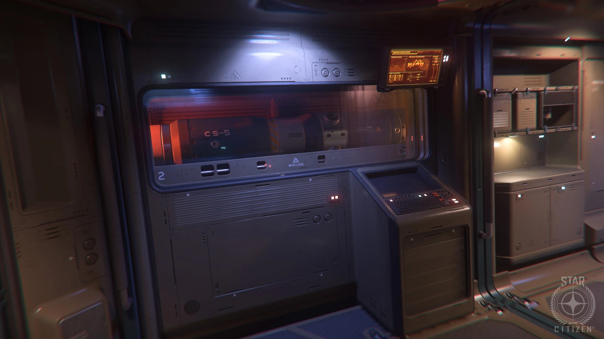 A missile pod behind glass on the Vanguard Harbinger