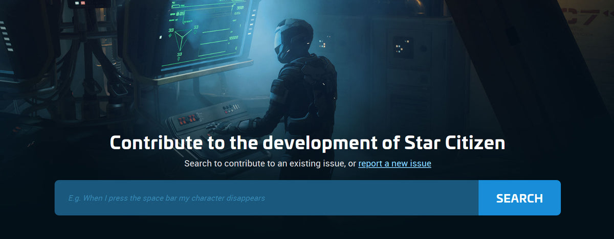 Official Issue Council search interface above a Star Citizen pilot at a console