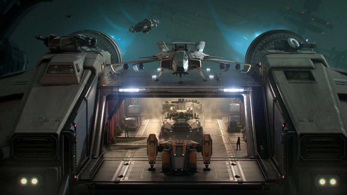 Anvil Liberator concept artwork showing a small aircraft above the open vehicle bay