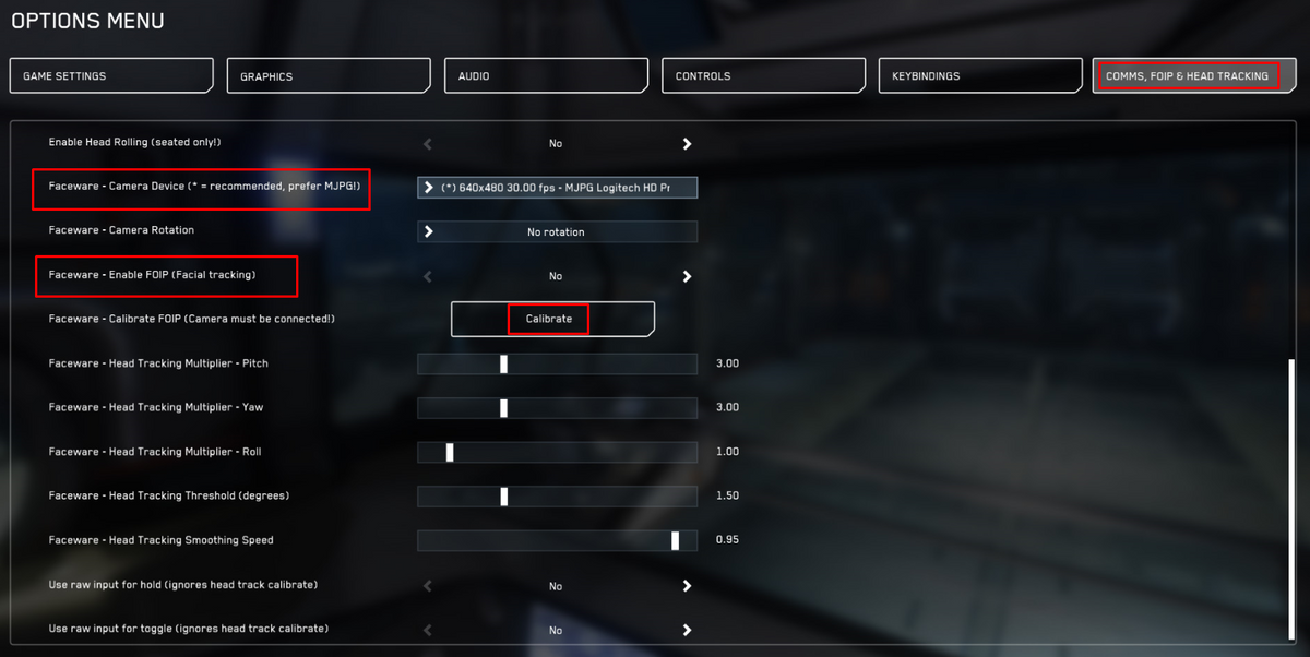 Star Citizen Faceware options with webcam selection, facial tracking and Calibrate highlighted