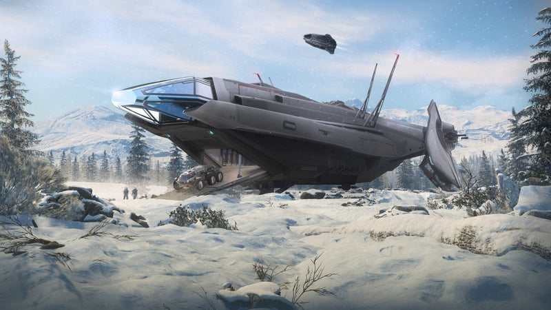 Anvil Carrack landed in a snowy landscape with a Pisces flying overhead
