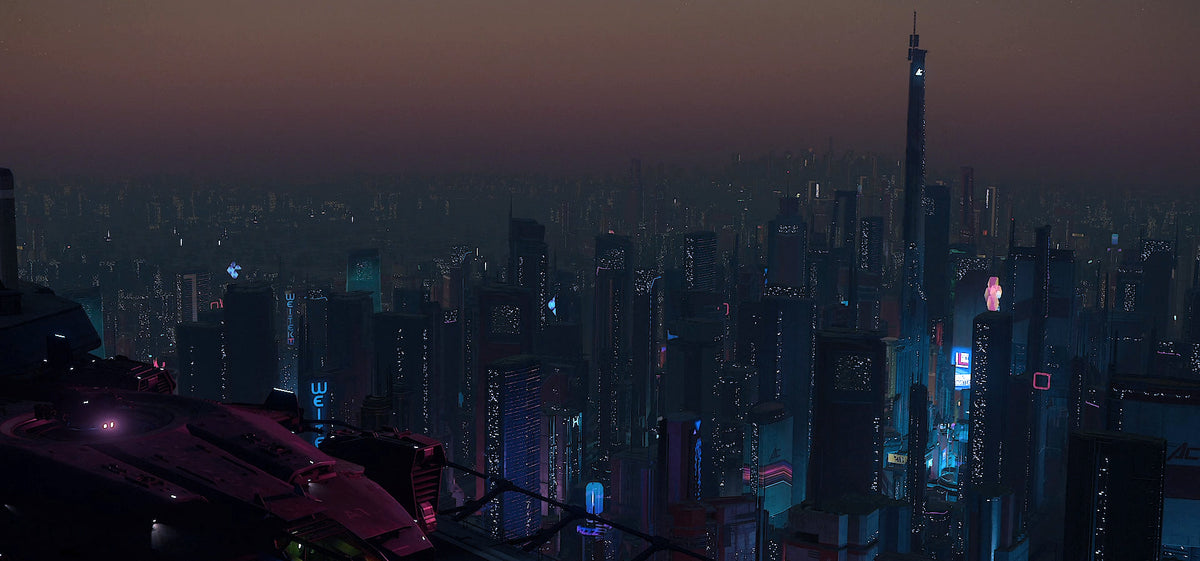 Area18 skyline and illuminated towers on ArcCorp