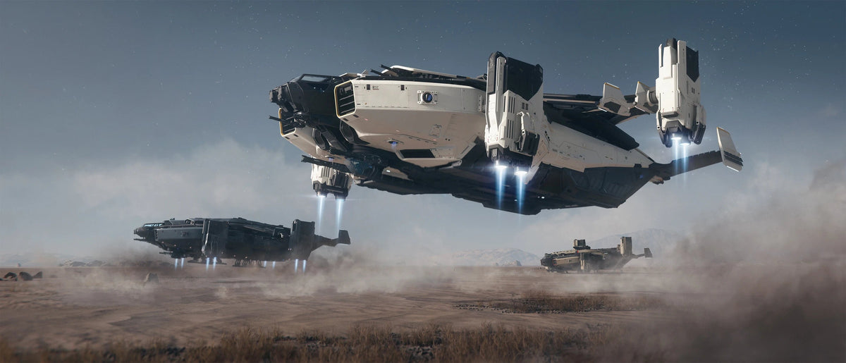 Asgard - x3 landing on desert world in Star Citizen