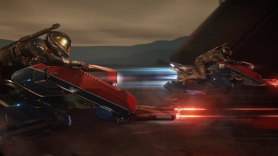 Armed Mirai Pulse riders speeding across a landscape