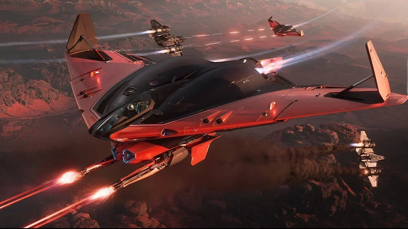 A red Kruger Stingray fires over rocky terrain in official Behind the Ships artwork.