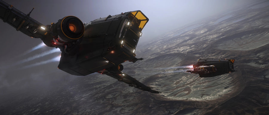 Clipper - x2 flying over rocky world in Star Citizen