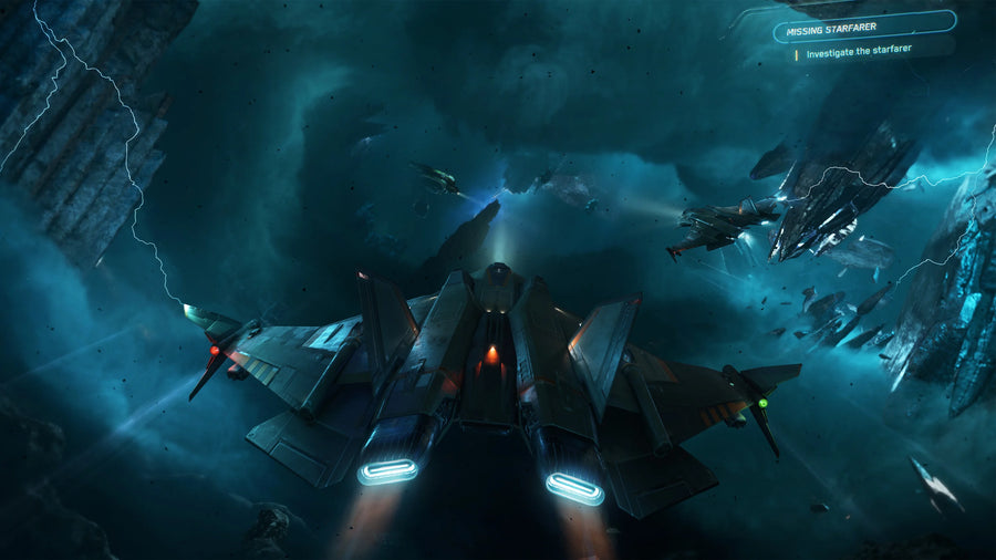 Two Gladius fighters flying through electrically charged clouds