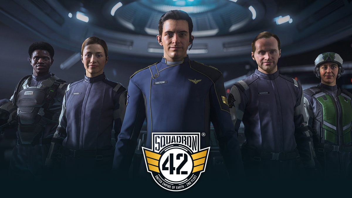 Five members of the UEES Stanton crew in official Squadron 42 artwork