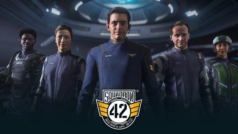 Five members of the UEES Stanton crew in official Squadron 42 artwork