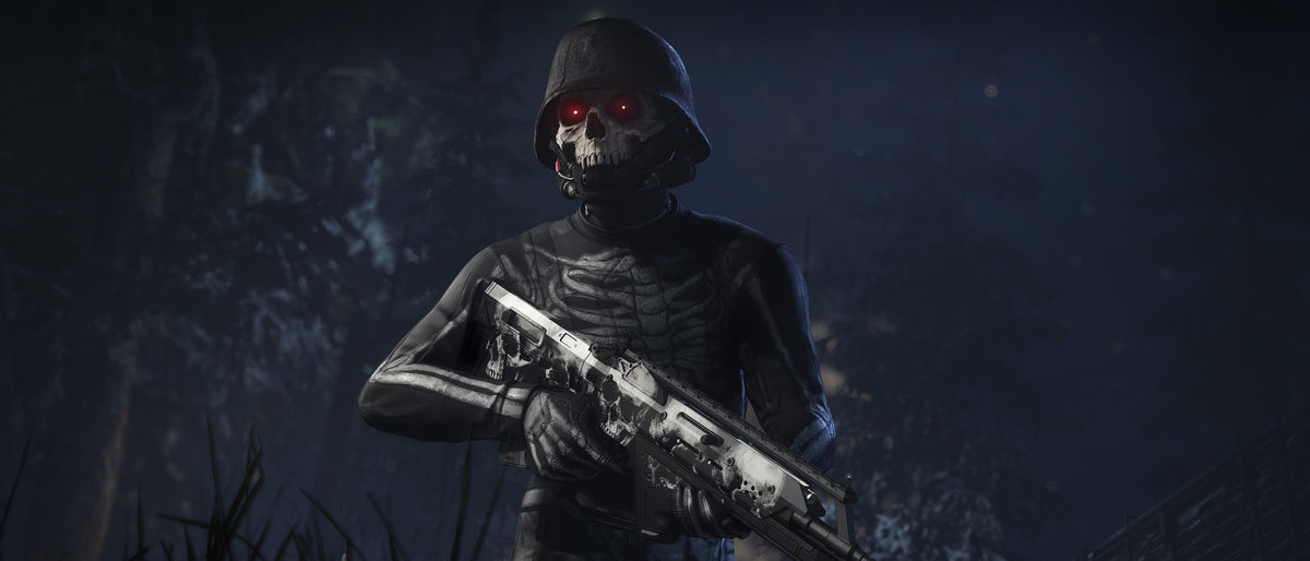 A character in skeleton-patterned clothing and a skull-faced helmet holds a CQ7 Skullcap rifle