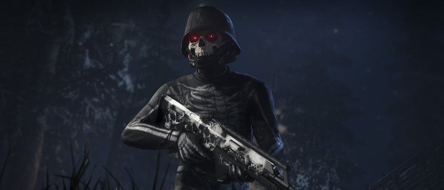 A character in skeleton-patterned clothing and a skull-faced helmet holds a CQ7 Skullcap rifle