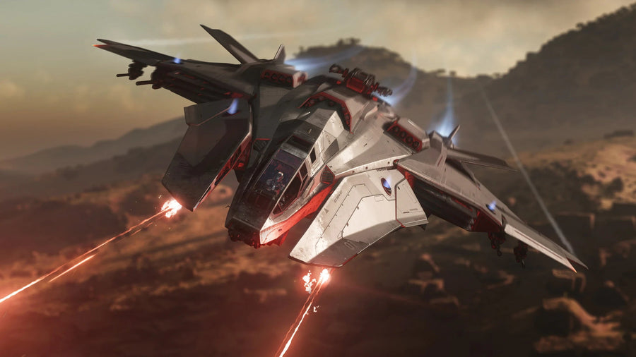 F8C Lightning - F8C flying over hills firing guns in Star Citizen