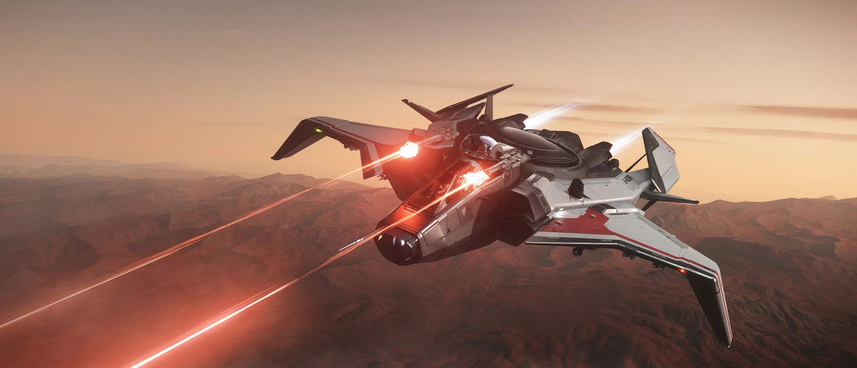 Gladiator - Flying over arid mountains firing turret guns in Star Citizen