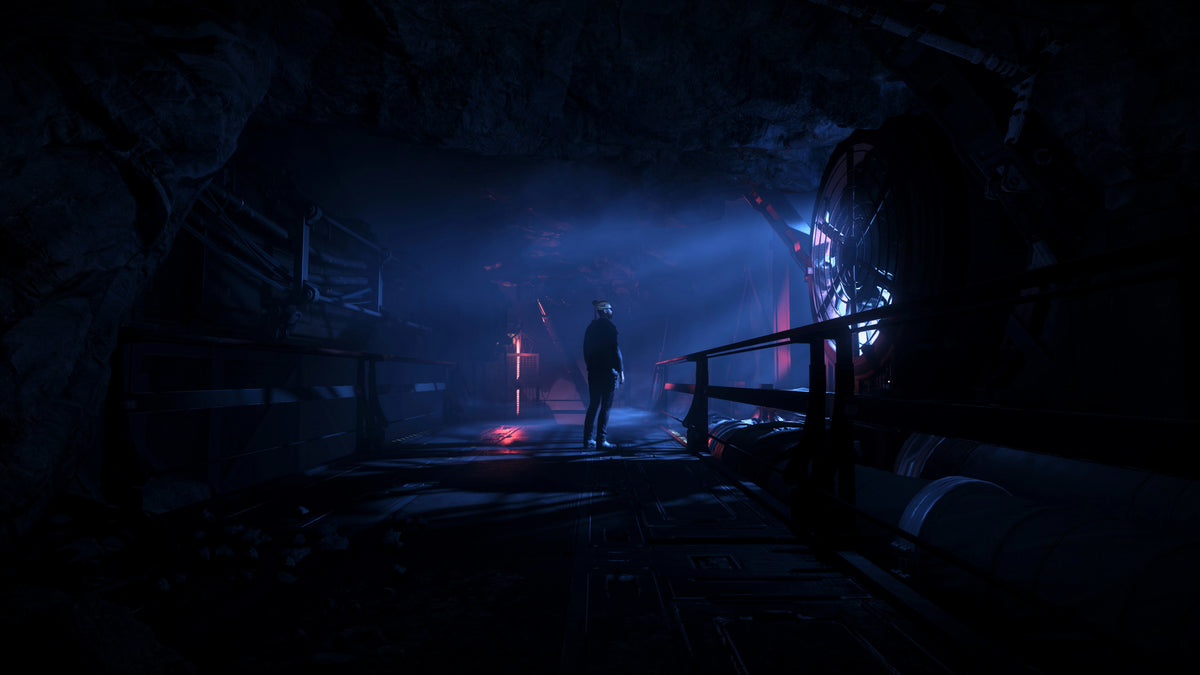 A lone character stands on a dark industrial walkway at Grim Hex in blue and red light