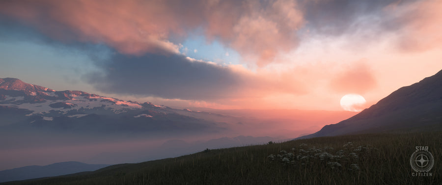 Sun low over a mountainous Nyx landscape beneath pink clouds in development artwork