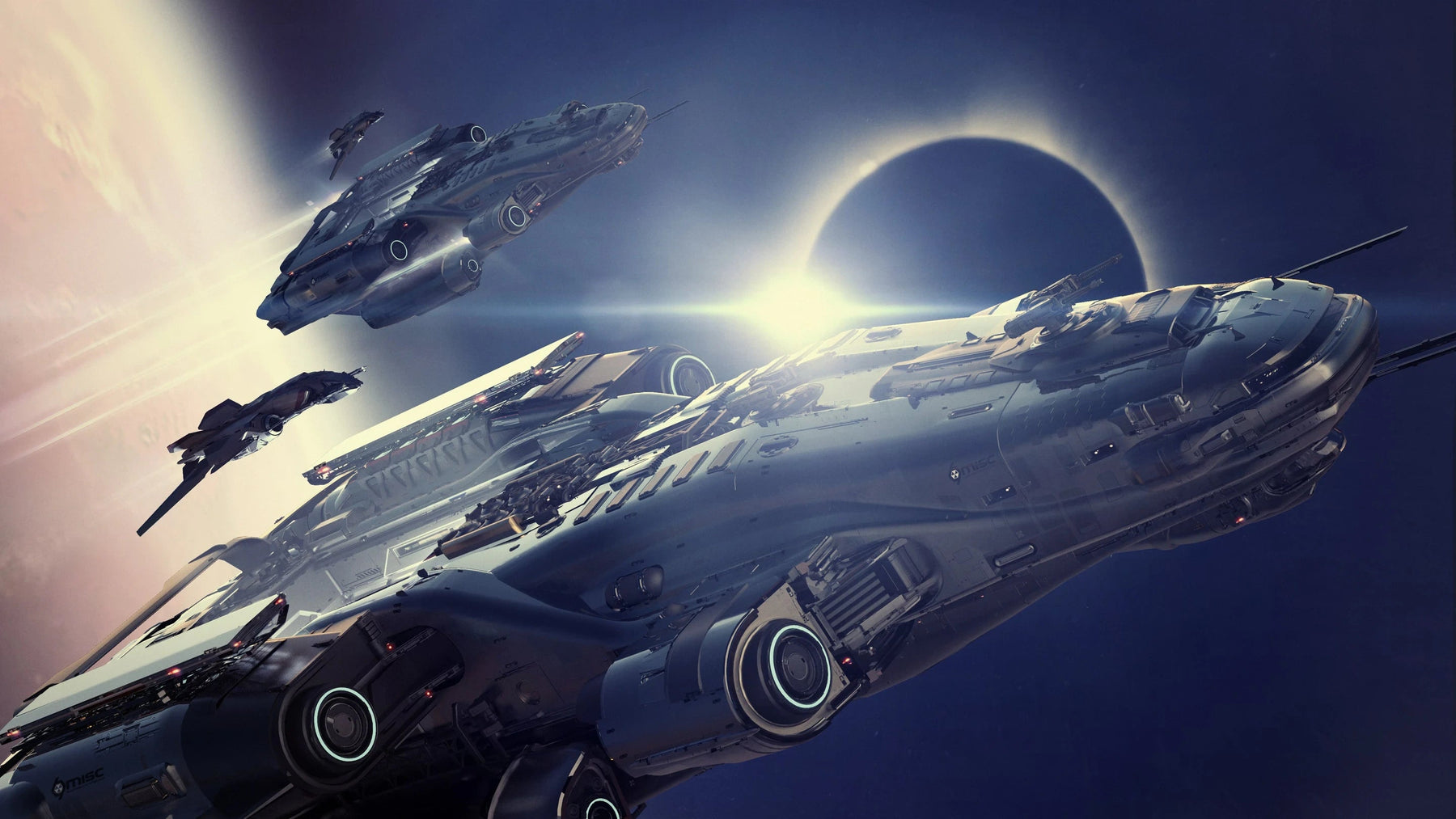 Odyssey - flying away from planet accompanied by Sabre in Star Citizen