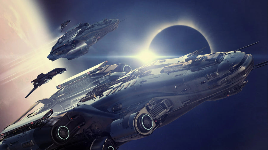 Odyssey - flying away from planet accompanied by Sabre in Star Citizen
