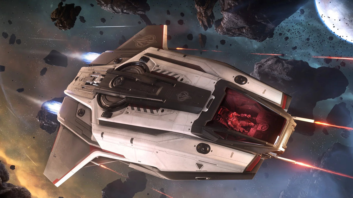 Anvil C8X Pisces flying through an asteroid field