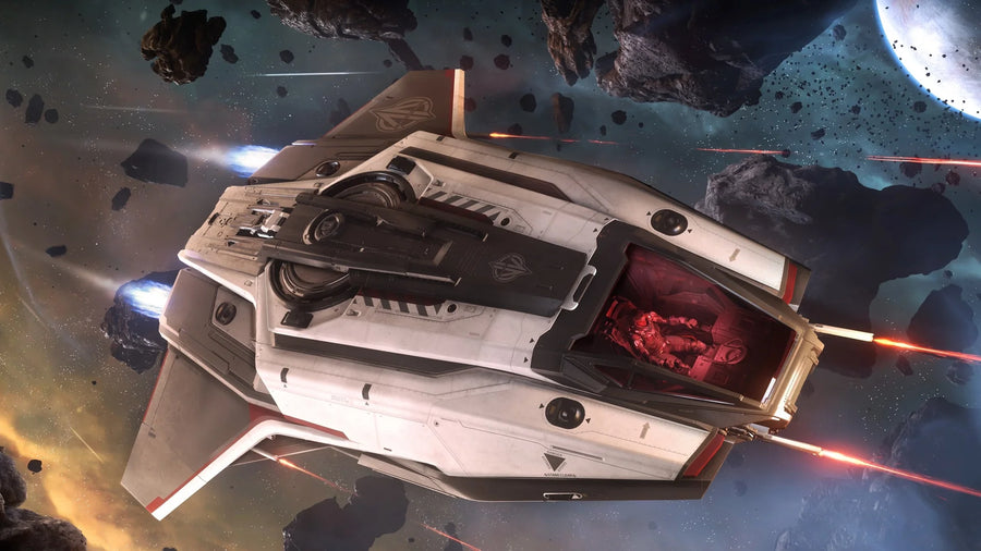 Anvil C8X Pisces flying through an asteroid field